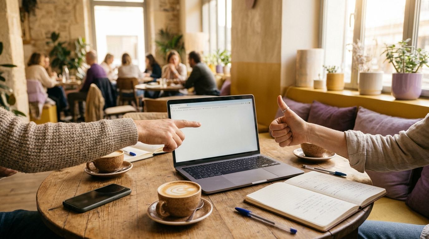 Autour d'un café, deux personnes échangent devant un ordinateur portable ouvert, carnet et smartphone posés sur la table