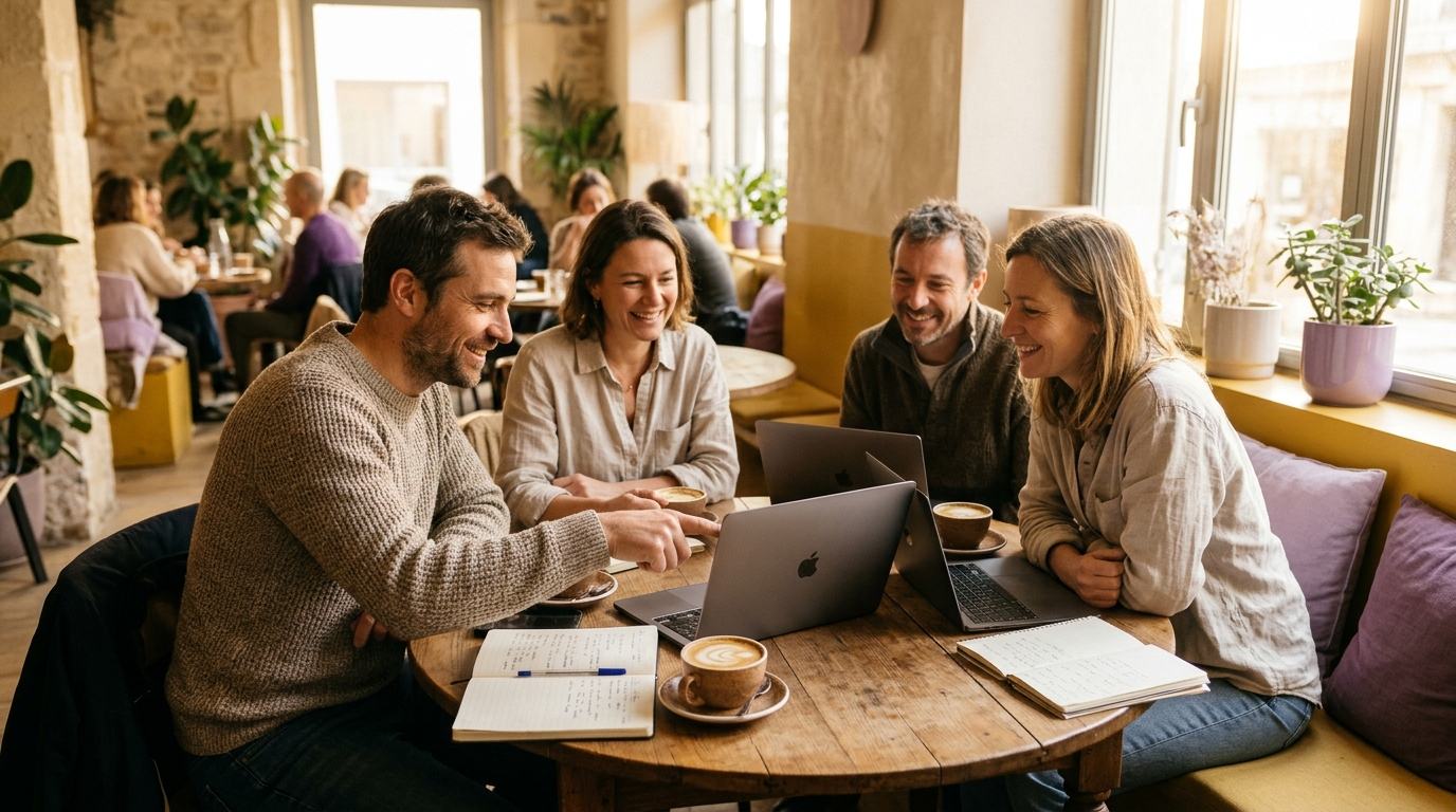 Quatre indépendants rient autour d'une table de café, ordinateurs portables ouverts et carnets posés