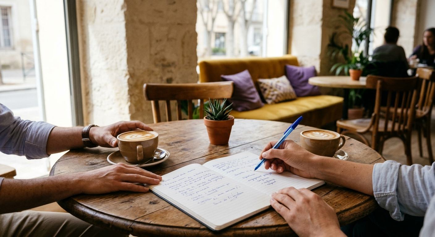 Autour d'un café, un carnet ouvert où l'on écrit à la main : l'engagement partagé du collectif
